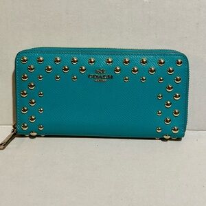 Coach Studded Crossgrain Accordion Zip Wallet in turquoise leather